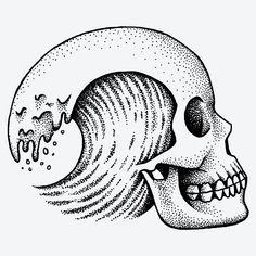 a black and white drawing of a skull with waves coming out of it's mouth