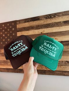 Brown or green high crown foam snap back trucker hat detailed with light turquoise design Tequila Trucker Hat, Green Flat Bill Trucker Hat, Green Novelty Snapback Hat, Green Novelty Baseball Cap, Tequila Design, Custom Fitted Hats, Pink Trucker Hat, Turquoise Design, Hat Patches