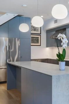 a vase with flowers sitting on top of a kitchen counter