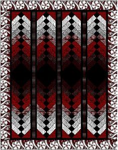 a red, white and black pattern with an intricate design on the bottom half of it