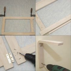 four pictures showing how to make a diy frame with plywood and screwdrivers