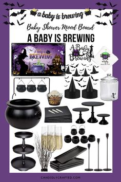 a baby shower is decorated with black and white decorations, bats, witch hats, witches hat