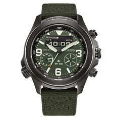 Be ready for the field with the latest adventure-ready timepiece from Citizen’s Promaster Land series. 43.9mm grey-tone stainless steel case On the dial, luminous hands and markers stand against a forest-green background with a digital-analog display Includes a world time, chronograph, alarm, light level indicator, perpetual calendar, power save mode, charge level display and summertime mode The inner ring can be rotated to use the watch as a compass Sustainably powered by any light with proprie Green Watch, Anniversary Wedding Band, Skeleton Watches, Jewelry Staples, Jared The Galleria Of Jewelry, Citizen Watch, Citizen Eco, Perpetual Calendar, Eco Drive