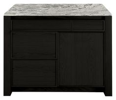 a black cabinet with marble top and drawers