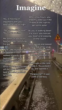 a poem written on the side of a road next to a street sign with rain falling down