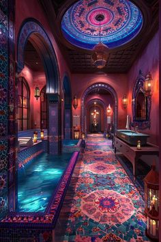 an elaborately decorated hallway with a pool and chandelier