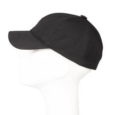 a white mannequin head wearing a black baseball cap on it's head