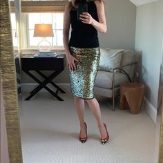 The Most Glamorous Gold Sequin Pencil Skirt! Looks Brand New Only Worn Once. Dress It Up With Holiday Heels And A Camisole Or Wear It With A Denim Shirt And Some Tall Boots! Kate’s Kloset Kleanout! Please Check Out My Other Items For Sale! Spring Sequined Fitted Pencil Skirt, Spring Fitted Sequin Pencil Skirt, Fitted Sequin Pencil Skirt For Spring, Gold Fitted Knee-length Bottoms, Fitted Sequined Pencil Skirt For Summer, Olivia Gold, Holiday Heels, Gold Sequin Skirt, Skirt Looks