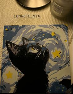 a painting of a black cat with stars on it