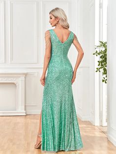 Enhance your evening look with the Kendal Maxi Dress. Featuring a stunning V-neckline and intricate sequin detailing, this elegant dress is perfect for any formal occasion. Crafted with a bodycon mermaid silhouette, it will hug your curves and make you look effortlessly stylish. Make a statement with this beaded party gown. Material: Polyester Glamorous V-neck Mermaid Dress With Fitted Bodice, V-neck Sequined Mermaid Dress For Gala, Party V-neck Mermaid Dress With Sweep Train, Party Mermaid Dress With Sweep Train And V-neck, V-neck Sequin Dress With Fitted Bodice For Party, Glamorous V-neck Mermaid Dress For Evening, Sequin V-neck Dress With Fitted Bodice For Evening, Embellished V-neck Mermaid Dress For Party, Mermaid Sequin Dress For Prom Season Evening