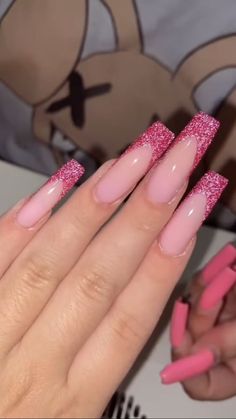 Sparkly Pink Tip Nails, Nails Inspiration Pink Glitter, Pink Bday Nails, Pink Bling Acrylic Nails, Bday Nails, Glitter Nails Acrylic, Pink Glitter Nails, Simple Acrylic Nails, Long Acrylic Nails Coffin