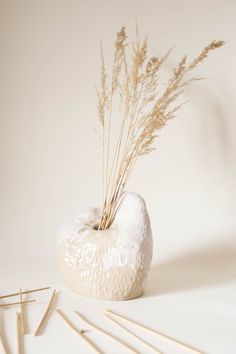 a white vase with sticks sticking out of it and some grass in the middle, on a white background