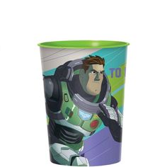 a plastic cup with an image of buzz lightyear from the animated movie toy story