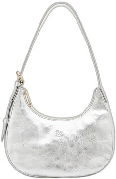 Elegant Silver Shoulder Bag With Adjustable Strap, Elegant Everyday Metallic Shoulder Bag, Elegant Silver Textured Leather Shoulder Bag, Metallic Elegant Shoulder Bag For Everyday, Elegant Metallic Shoulder Bag For Everyday Use, Elegant Silver Shoulder Bag With Textured Leather, Elegant Metallic Shoulder Bag With Palladium Hardware, Chic Metallic Shoulder Bag With Metal Hardware, Chic Metallic Shoulder Bag With Palladium Hardware