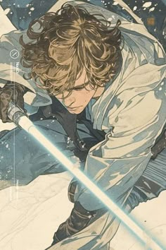 a star wars character is holding a light saber in his right hand and looking down at the ground