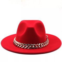 Accessorize any outfit with our most loved fashion fedora. Make heads turn in these. Size : 15.7" X 14.6" Material : 65% Polyester, 35% Cotton Chain Pointed Solid Panama Hat Trendy Curved Brim Hat, Chic Adjustable Fedora For Party, Trendy Party Hats, Trendy Flat Brim Felt Hat For Party, Gold Fedora With Short Brim, Trendy Summer Party Felt Hat, Trendy Gold Fedora Hat, Trendy Red Adjustable Felt Hat, Trendy Gold Brimmed Fedora