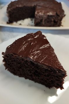 two slices of chocolate cake on plates with the words easy and simple vegan chocolate cake