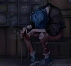 a painting of a person with blue hair sitting on a stool in front of boxes