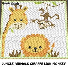 the jungle animals giraffe, lion and monkey are depicted in this cross stitch pattern