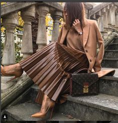 Pleated Leather Skirt Outfit, Style A Leather Skirt, Brown Leather Skirt Outfit, Brown Pleated Skirt, Brown Leather Skirt, Chique Outfit, Leather Skirt Outfit