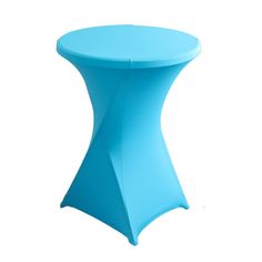 a blue round table sitting on top of a white floor