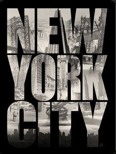 the words new york city written in black and white with images of skyscrapers, bridges, and buildings