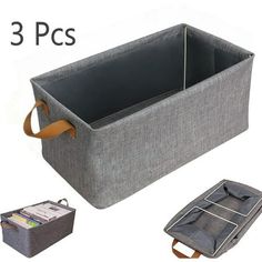 three different types of storage bins with handles and handles, one is grey and the other has brown straps