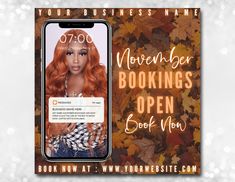 a woman with long red hair is looking at her phone screen and text reads, november book signings open book now