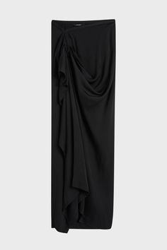 The Ardea Draped Skirt in Black is an elegant and versatile wardrobe staple crafted from a fluid viscose blend with a hammered satin finish, chosen for its elegant drape. This floor length skirt features flattering draping across the left hip and a zip closure at centre back. Pair with Ardea tops for an elevated day to night look. Luxury fabric sustainably made in Europe. Pre-draped Asymmetrical Skirt For Evening, Formal Long Ruched Skirt, Formal Asymmetrical Silk Draped Skirt, Formal Silk Draped Asymmetrical Skirt, Silk Maxi Skirt With Flowy Gathered Details, Silk Flowy Maxi Skirt With Gathered Details, Silk Maxi Skirt With Gathered Detail, Formal Ruched Flowy Skirt, Elegant Black Draped Bottoms