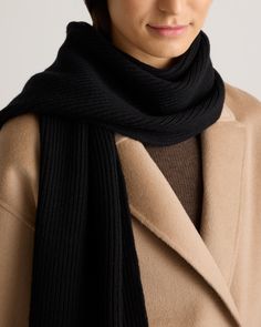 Ready to bundle up this season? Look no further than the Merino Wool Fisherman Scarf. Crafted from 100% merino wool, this scarf will keep you warm in the chilliest weather while giving your outfit a cozy finishing touch.  | Quince | Women's Merino Wool Fisherman Scarf in Black Black Winter Scarves For Cold Weather, Warm Black Scarves For Cold Weather, Warm Black Scarves For Fall, Warm Black Scarf For Fall, Classic Winter Scarves For Cold Weather, Black Knitted Scarves For Winter, Black Knitted Winter Scarf, Black Knitted Scarf For Winter, Classic Wool Scarves For Cold Weather