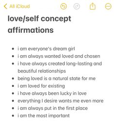 the love / self concept affirmitions page on an iphone screen, with text above it