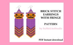 a pair of beaded earrings with pumpkins on them and the text brick stitch earrings with fringe pattern