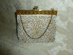 Beautiful Handbeaded Handbag Elegant White And Gold Seed Beads With Exceptional Golden Filigree Top Closure Chain Handle Wedding Accessory Elegant Wedding Bag With Gold Beads, Elegant Rectangular Bags With Gold Beads, Gold Evening Bag With Pearl Embroidery For Events, White Beaded Bags For Formal Occasions, Gold Beaded Evening Bag For Wedding, Elegant Rectangular Gold Beaded Bags, Formal White Beaded Bags, Gold Rectangular Evening Bag With Pearl Embroidery, Gold Evening Bag With Pearl Embroidery For Formal Occasions