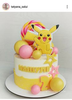 a pokemon themed birthday cake is shown with balloons and candies around it, as well as a pikachu figurine