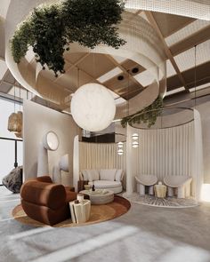 a living room filled with lots of furniture and plants hanging from the ceiling above it