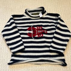 American South Side Navy Blue And White Striped Size 4 Wool Sweater Cute Little Lobster Stitched On - Nwt - My Children Cannot Wear Wool And We Received These As A Gift! Love Them So Much! Ready For Their Next Home Where They Can Be Worn! Pit To Pit Flat Lay 13.5” Arm Sleeve Pit To Cuff Measurement Is 10.5” Nautical Cotton Tops For Fall, Nautical Long Sleeve Sweater For Winter, Nautical Long Sleeve Sweater For Fall, White Fitted Nautical Tops, Fitted White Nautical Tops, Lobster Sweater, Gift Love, Next Home, Arm Sleeve