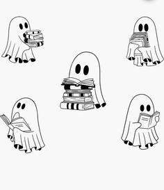 four ghost reading books while sitting on top of each other