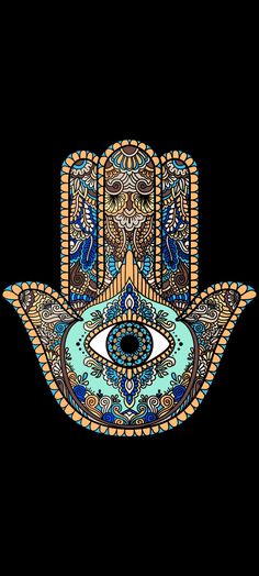 the hamsa with an evil eye on it's face is painted in blue and orange