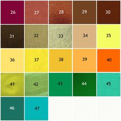 the color chart for different shades of paint, with numbers and colors on each side