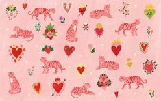 a pink background with hearts, flowers and zebra's on the bottom right corner