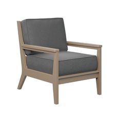 a gray and wood chair with grey cushions on an isolated white background for use in furniture design