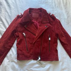 Brand New With Tags, $198 Medium Size! Real Leather In Very Beautiful Rich Red-Rust Color. Fall Red Long Sleeve Biker Jacket, Red Long Sleeve Biker Jacket For Fall, Designer Red Leather Jacket For Fall, Designer Red Leather Jacket For Winter, Chic Red Biker Jacket With Long Sleeves, Rust Color, Suede Jacket, Leather Jackets, Lady In Red