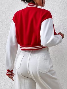 SHEIN EZwear Cazadora de universidad con diseño de parche de letra ribete de rayas de hombros caídos corto | SHEIN USA Crop Varsity Jacket, Baseball Jacket Women, Collar Details, Winter Care, Streetwear Clothes, Long Sleeve Outerwear, Womens Casual, Girly Fashion, Mode Fashion