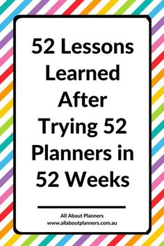 the title for 52 lessons learned after trying 52 planners in 52 weeks, with colorful stripes