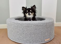 a small dog sitting in a large gray basket