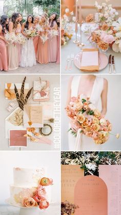 wedding color palettes with peach, pink and white flowers on the bottom right hand corner