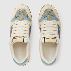 "Find GUCCI Screener Sneaker With Crystals Gg Canvas on Editorialist. Influenced by classic trainers from the '70s, the Screener sneakers-named for the defensive sports move-feature the Web stripe on the side and the vintage Gucci logo. A new play on the House's monogram, this pair of sneakers is crafted from GG canvas with crystals in brown and blue. The House name is reinterpreted in new ways each season with a different play on its lettering. Brown and blue GG canvas with crystals, Women's, B Gucci Screener, House Name, Gucci Sneakers, Gucci Logo, Green Sneakers, Logo Vintage, Brown Sneakers, Latest Sneakers, Canvas Sneakers