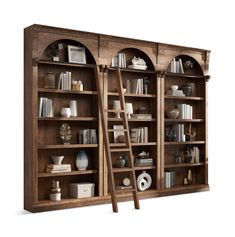 a wooden bookcase with two ladders and books on it