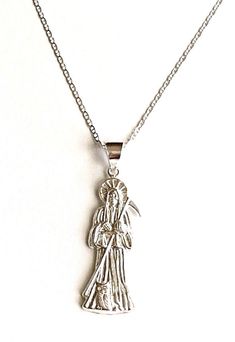 "925 STERLING SILVER GRIM REAPER NECKLACE.18\" LONG CHAIN. FOR GOOD LUCK ,PROSPERITY ,PROTECTION AND MONEY. PENDANT : 45 mm X 14 mm 925 PLATA ESTERLINA CADENA DE LA SANTA MUERTE .18\" LARGO CADENA. PARA PROSPERIDAD, BUENA SUERTE,PROTECCION,AMOR Y DINERO. DIJE: 45 mm X 14 mm" Skull Shaped Stainless Steel Necklace Gift, Santa Muerte Necklace, Nickel-free Pendant Necklace For Halloween, Silver Our Lady Of Guadalupe Necklace, Silver Our Lady Of Guadalupe Pendant Jewelry, Link Necklace, Men Necklace, Long Necklace, Sterling Silver Necklaces