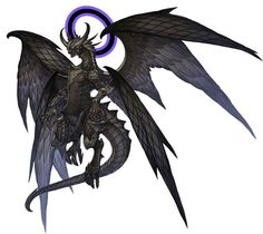 a large black dragon with purple eyes and horns on it's back, standing in front of a white background